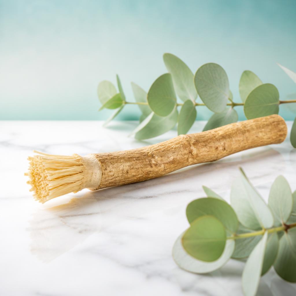 A natural Salvadora persica miswak stick with a frayed bristle tip on a soft white and green background